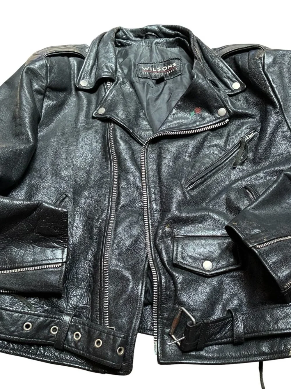 WILSONS LEATHER Jacket Thinsulate Black Moto Biker Zip Belt Mens Medium